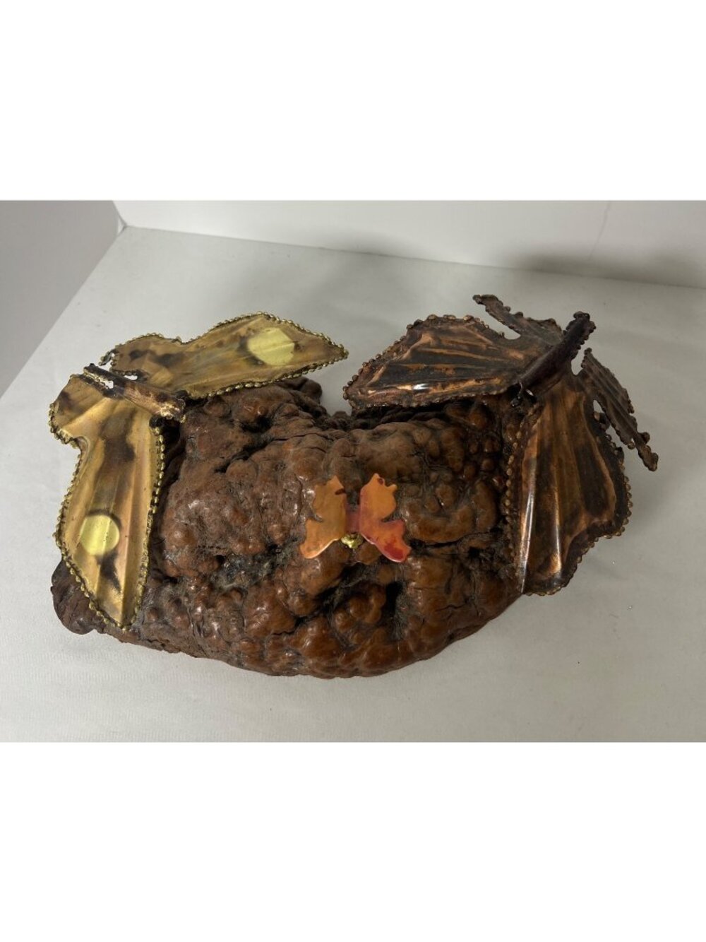 Brutalist Art Sculpture Butterfly on Handcrafted Burl Wood & Copper Butterfly Sc
